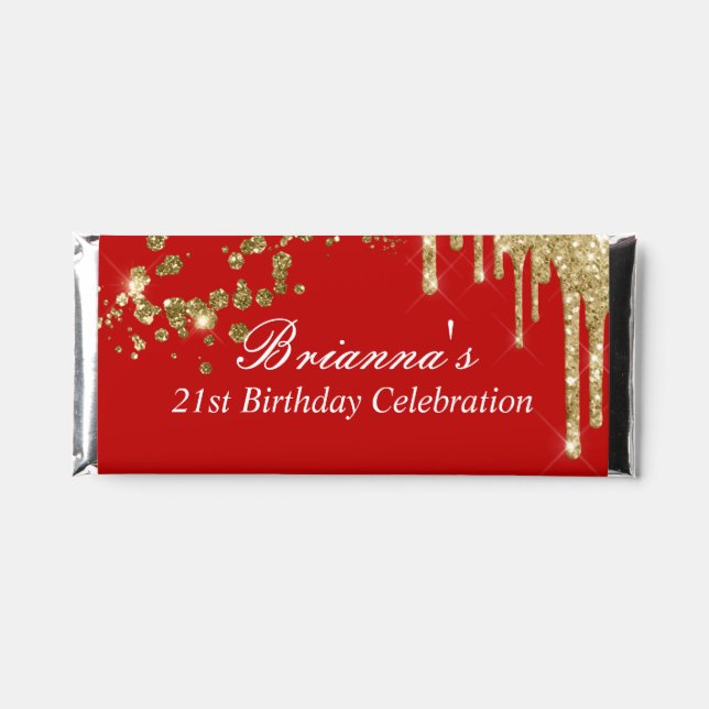 Red and Gold Faux Glitter Drip Hershey Bar Favors (Front)