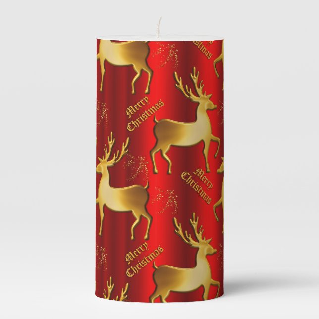 Red and Gold Festive Reindeer Christmas Pillar Candle (Front)