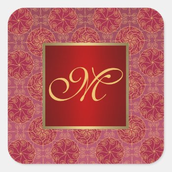 Red And Gold Filigree Circles Monogram Sticker by efhenneke at Zazzle