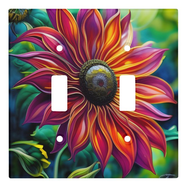 Red and Gold filigree Sunflower Light Switch Cover (Front)