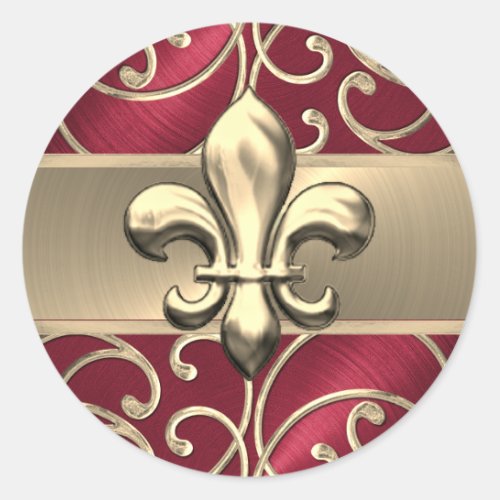 Red and Gold Filigree Swirls Fleur de Lis Classic Round Sticker