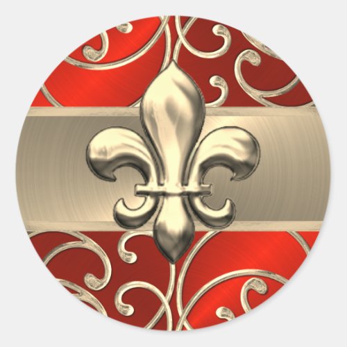 Red and Gold Filigree Swirls Fleur de Lis Classic Round Sticker