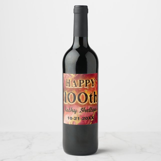 Red and Gold Flaming Hot 100th Birthday Wine Label (Front)