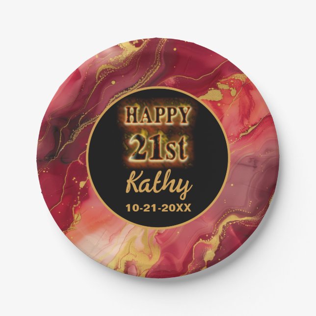 Red and Gold Flaming Hot 21st Birthday Paper Plates (Front)