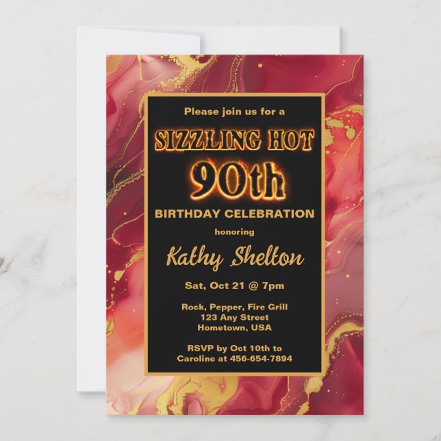 Red and Gold Flaming Hot 90th Birthday Invitation (Front)