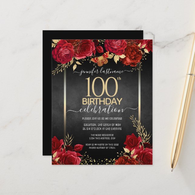 Red and Gold Floral 100th Birthday Invitation  (Front/Back In Situ)