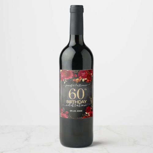 Red and Gold Floral 60th Birthday Wine Label