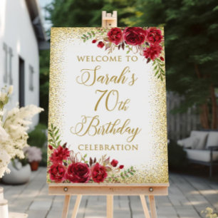Red and Gold Floral 70th Birthday Welcome Sign
