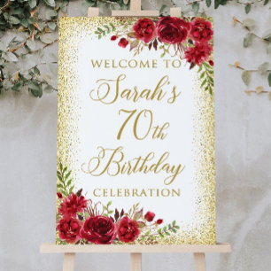 Red and Gold Floral 70th Birthday Welcome Sign