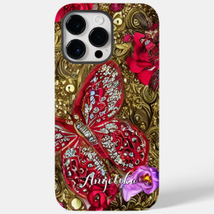 Red and Gold Floral Butterfly Personalized Name Case-Mate iPhone 14 Pro Max Case