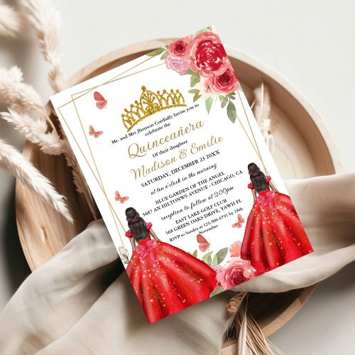 Red and Gold Floral Butterfly Twin Quinceanera  Invitation