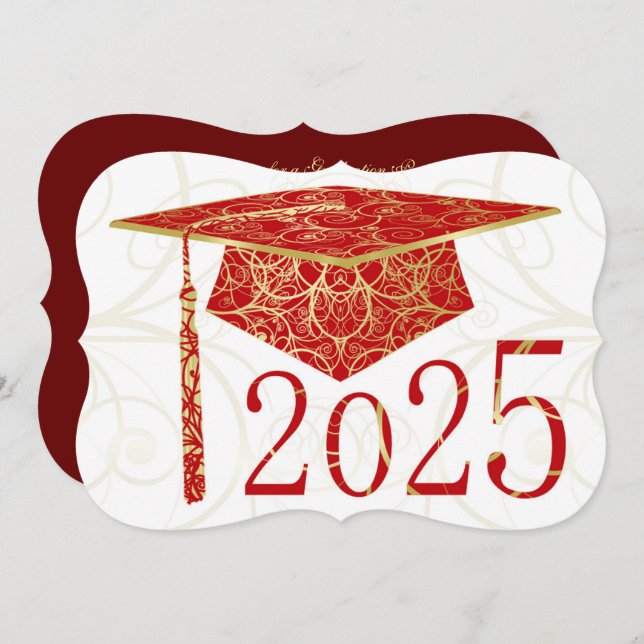 Red and Gold Floral Cap 2025 Graduation Party Invitation (Front/Back)