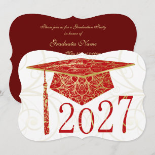 Red and Gold Floral Cap 2027 Graduation Party Invitation