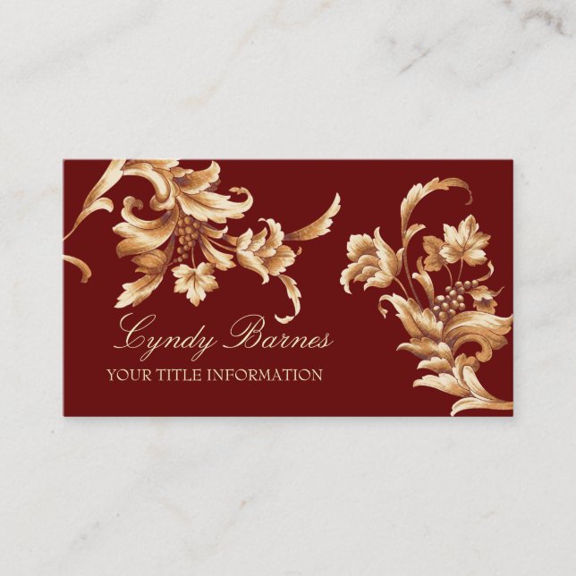 Red and Gold Floral Damask Business Card (Front)