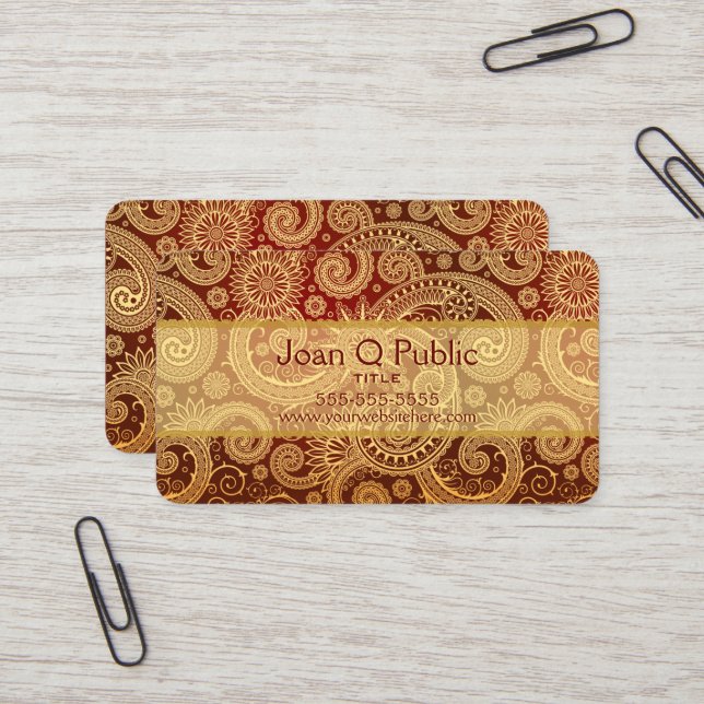 Red and Gold Floral DAMASK Pattern Business Card (Front/Back In Situ)
