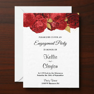 Red And Gold Floral Engagement Party Invitation