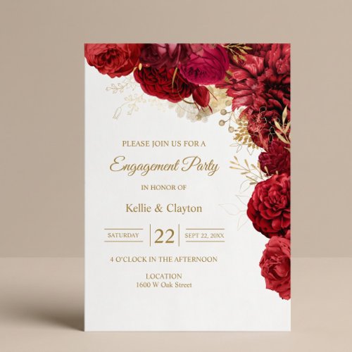 Red And Gold Floral Engagement Party Invitation