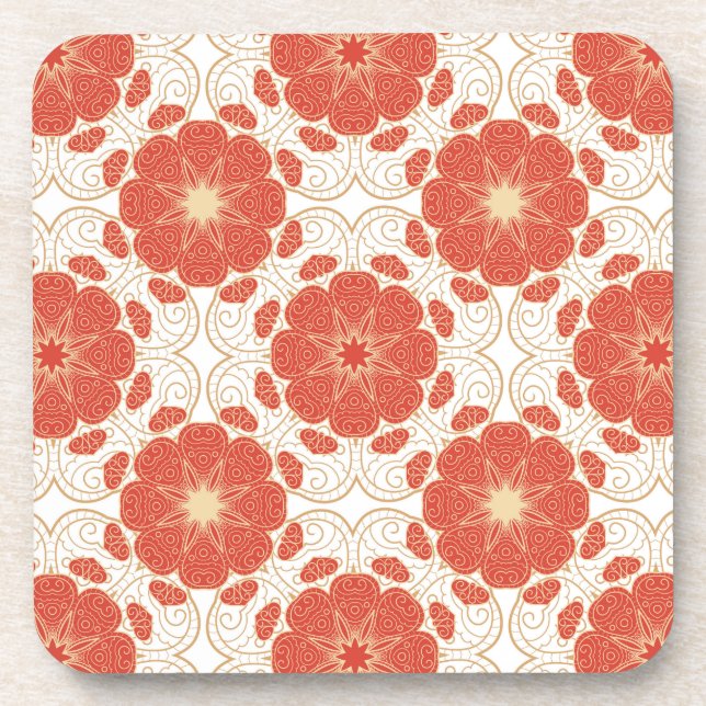 Red And Gold Floral Lace Pattern Beverage Coaster (Front)