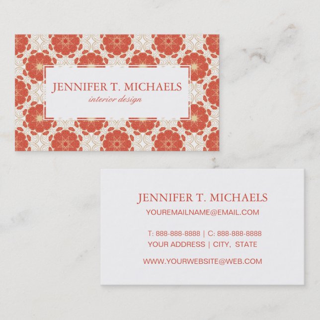 Red And Gold Floral Lace Pattern Business Card (Front/Back)