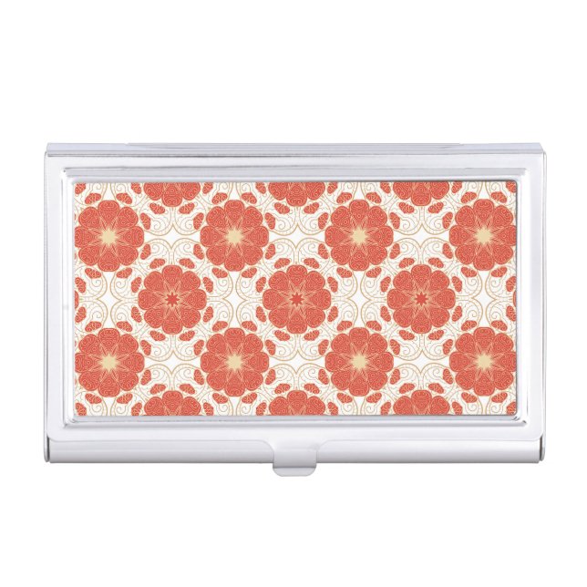 Red And Gold Floral Lace Pattern Business Card Case (Front)