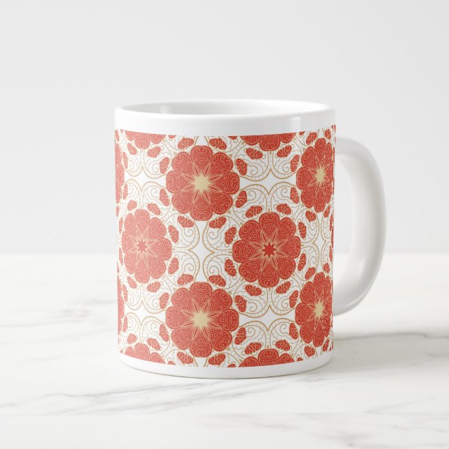 Red And Gold Floral Lace Pattern Giant Coffee Mug (Front Right)