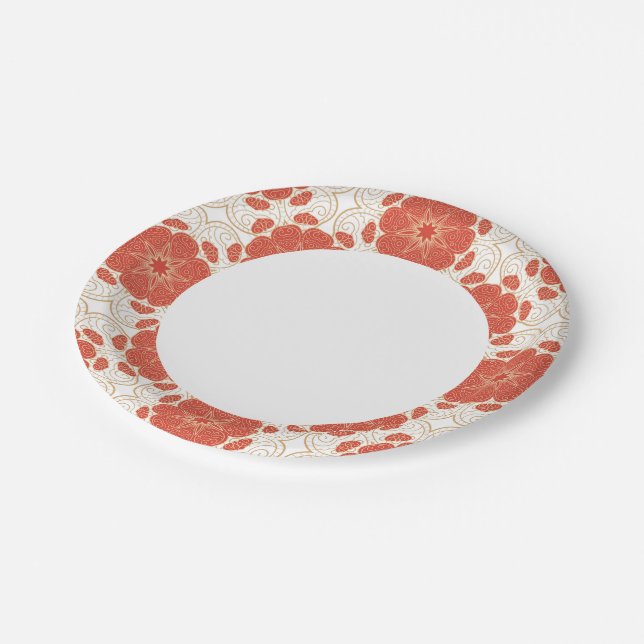 Red And Gold Floral Lace Pattern Paper Plates (Angled)