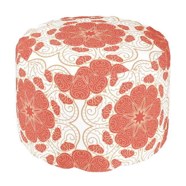 Red And Gold Floral Lace Pattern Pouf (Angled Front)