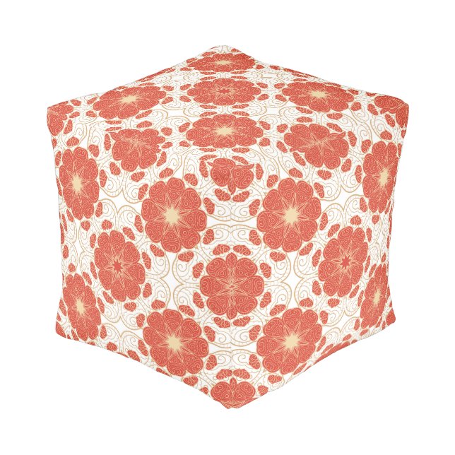 Red And Gold Floral Lace Pattern Pouf (Angled Front)