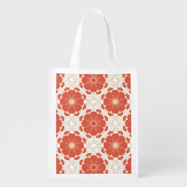 Red And Gold Floral Lace Pattern Reusable Grocery Bag (Front)