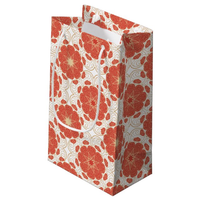 Red And Gold Floral Lace Pattern Small Gift Bag (Back Angled)