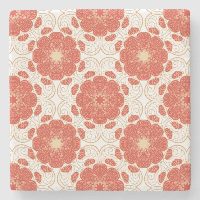 Red And Gold Floral Lace Pattern Stone Coaster (Front)