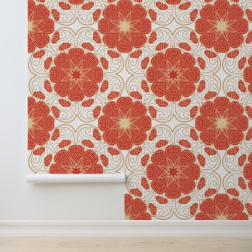Red And Gold Floral Lace Pattern Wallpaper