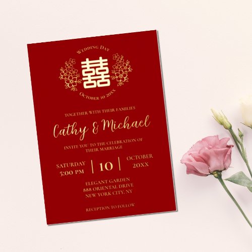 Red and gold floral logo chinese wedding foil invitation