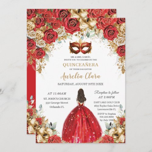 Red and Gold Floral Masquerade Ball Quinceaera Invitation