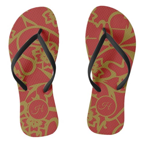 Red and Gold Floral Monogram Flip Flops