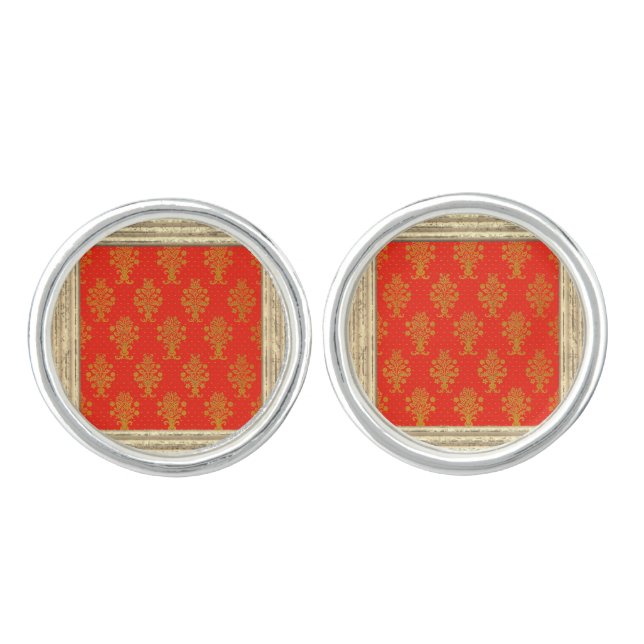 Red And Gold Floral Pattern Cufflinks (Front)