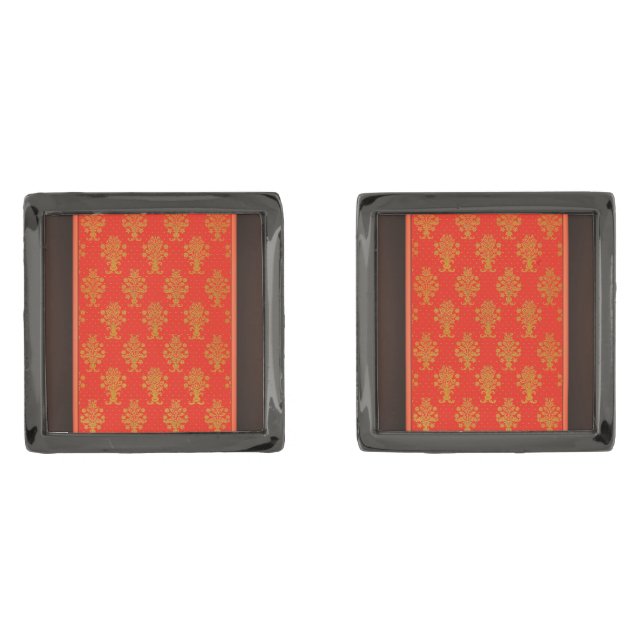 Red And Gold Floral Pattern Cufflinks (Front)