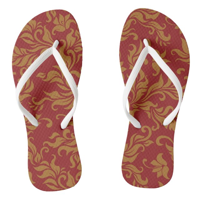 Red and Gold Floral Pattern Flip Flops (Footbed)