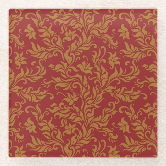 Red and Gold Floral Pattern Glass Coaster (Front)
