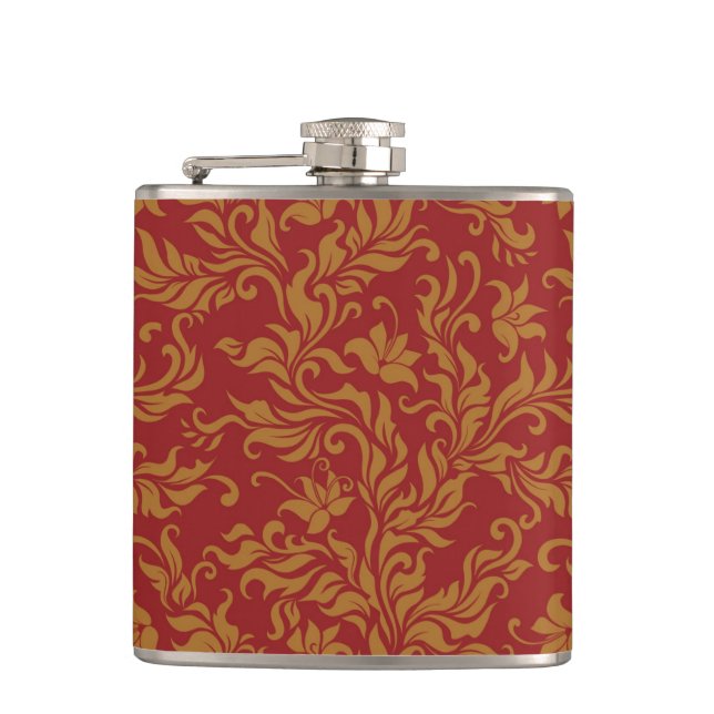 Red and Gold Floral Pattern Hip Flask (Front)