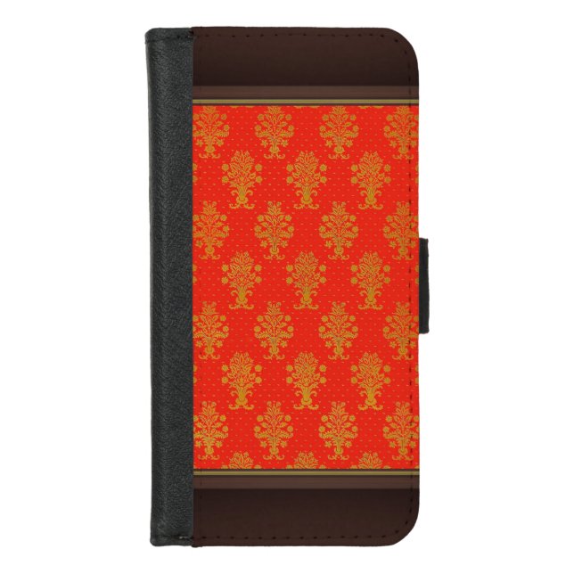 Red And Gold Floral Pattern iPhone Wallet Case (Front)
