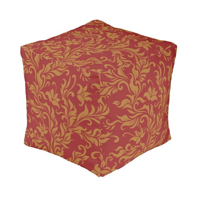 Red and Gold Floral Pattern Pouf (Angled Front)