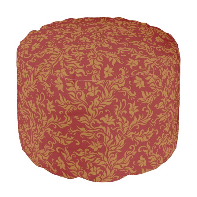Red and Gold Floral Pattern Pouf (Angled Front)