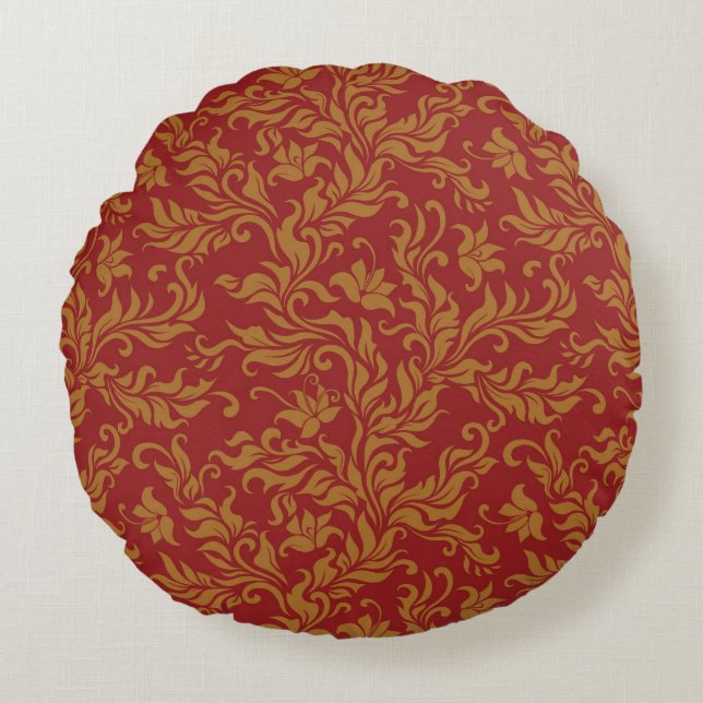 Red and Gold Floral Pattern Round Pillow (Front)
