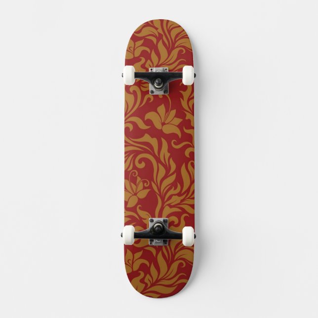 Red and Gold Floral Pattern Skateboard Deck (Front)