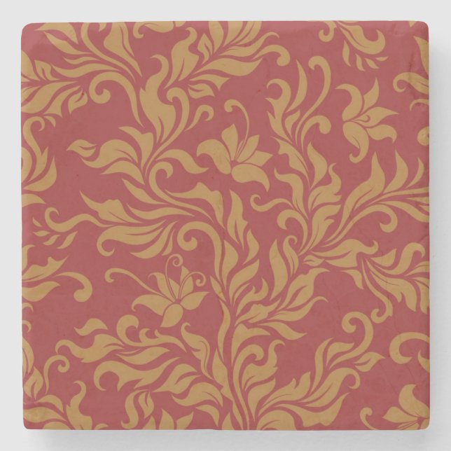 Red and Gold Floral Pattern Stone Coaster (Front)