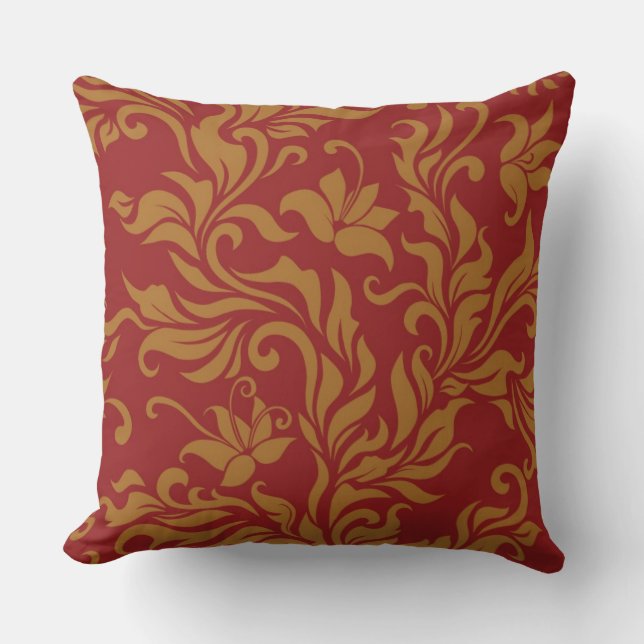 Red and Gold Floral Pattern Throw Pillow (Front)