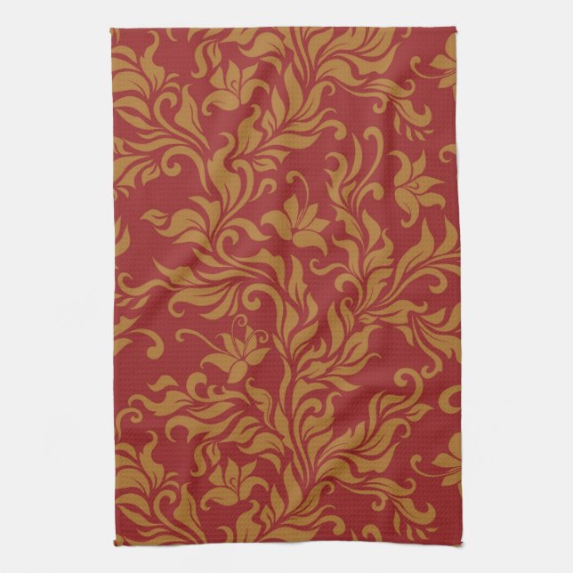 Red and Gold Floral Pattern Towel (Vertical)