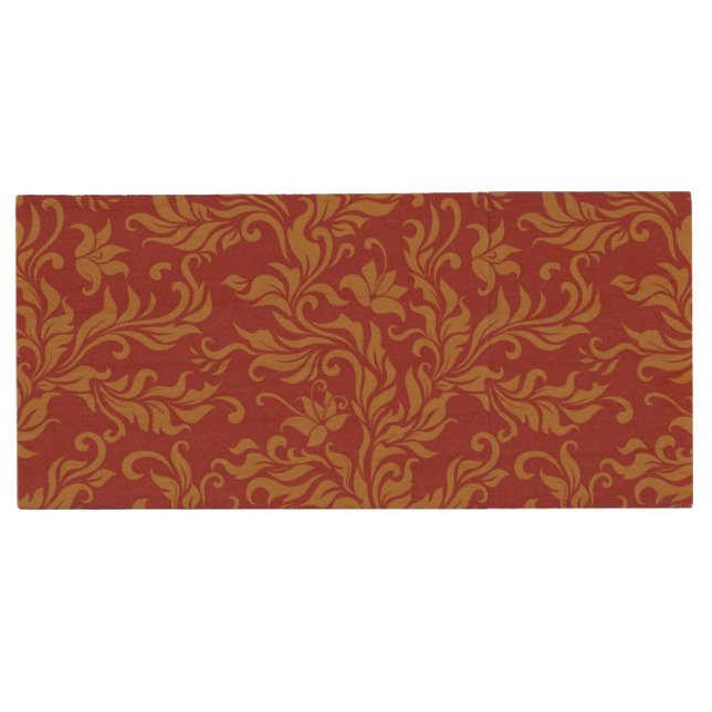 Red and Gold Floral Pattern Wood USB Flash Drive (Front)