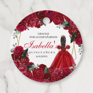 Red and Gold Floral Quinceanera Circle Favor Tags